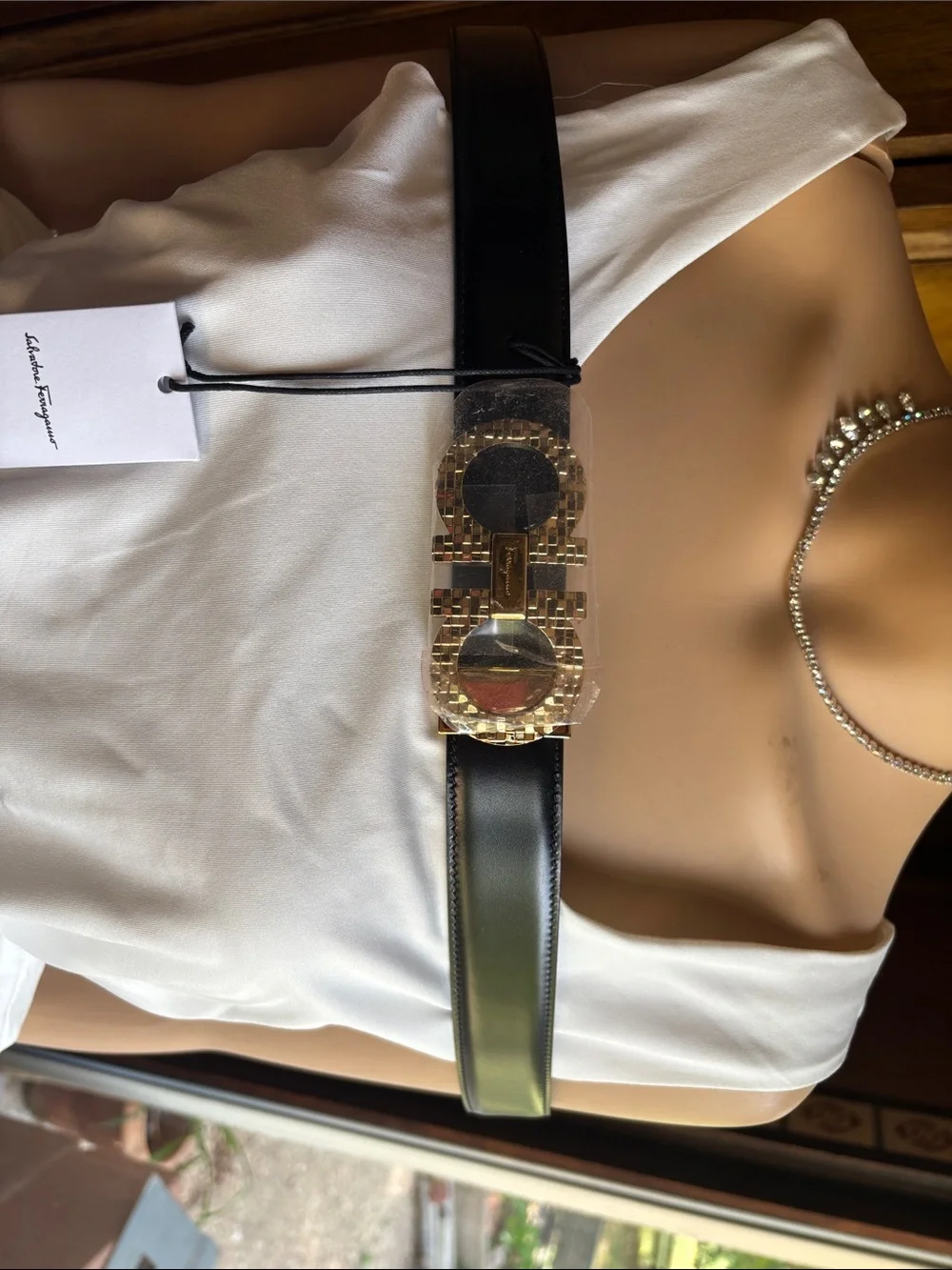 Salvatore Ferragamo Black Leather Belt with Gold Mosaic Gancini Buckle